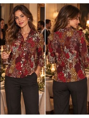 Alberto Makali Womens L Floral Paisley Crinkle Blouse Sequin Button Front Y2K